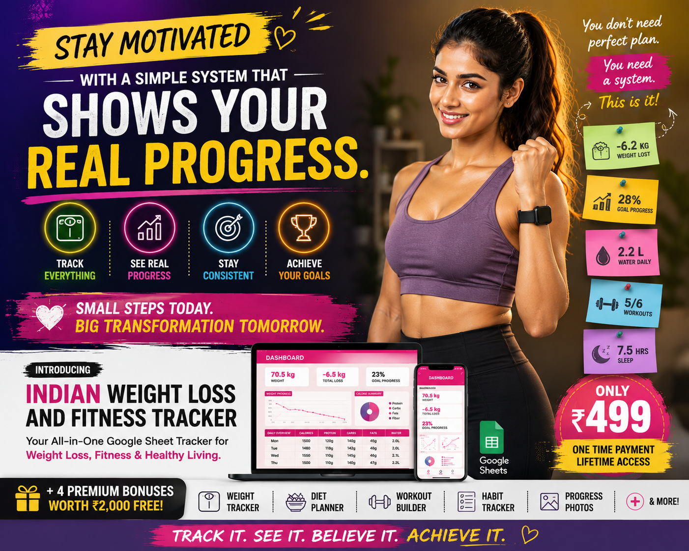 Dashboard showing real weight loss progress, water, workouts and sleep